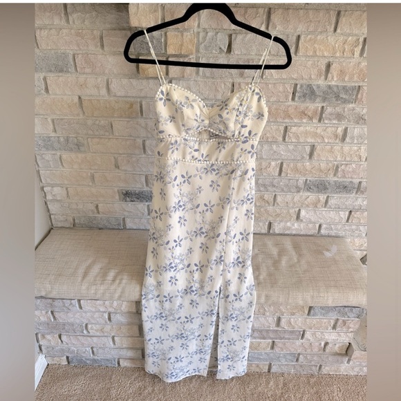 White Floral Midi Dress Size Small Side Slit Cottagecore Garden Girl Fairy - Picture 2 of 11